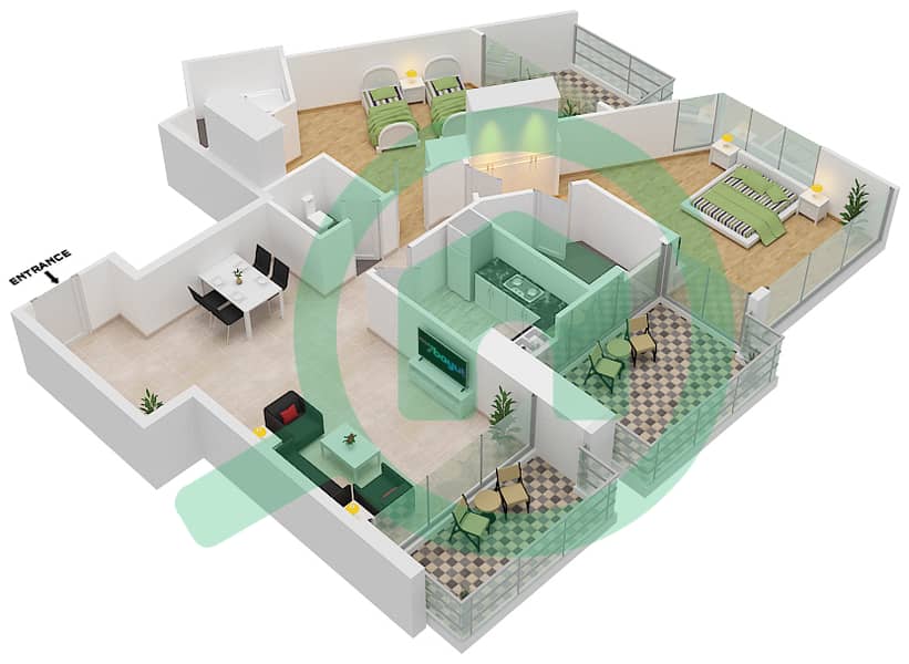 المخططات الطابقية لتصميم الوحدة 5 FLOOR 29-32 شقة 2 غرفة نوم - داماك ميزون بريفيه Floor 29-32 interactive3D
