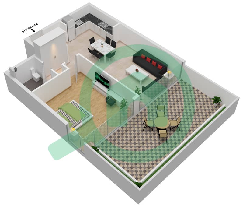 Азизи Ривьера 17 - Апартамент 1 Спальня планировка Единица измерения 122 interactive3D