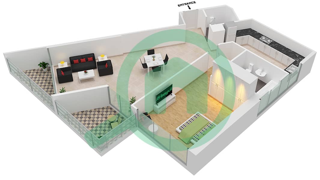 المخططات الطابقية لتصميم الوحدة 1 FLOOR 2,3,17-19 شقة 1 غرفة نوم - داماك ميزون بريفيه Floor 2,3,17-19 interactive3D
