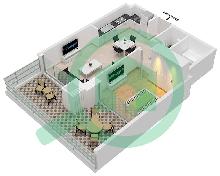 المخططات الطابقية لتصميم النموذج F شقة 1 غرفة نوم - شيماء افينيو ريزيدنس interactive3D