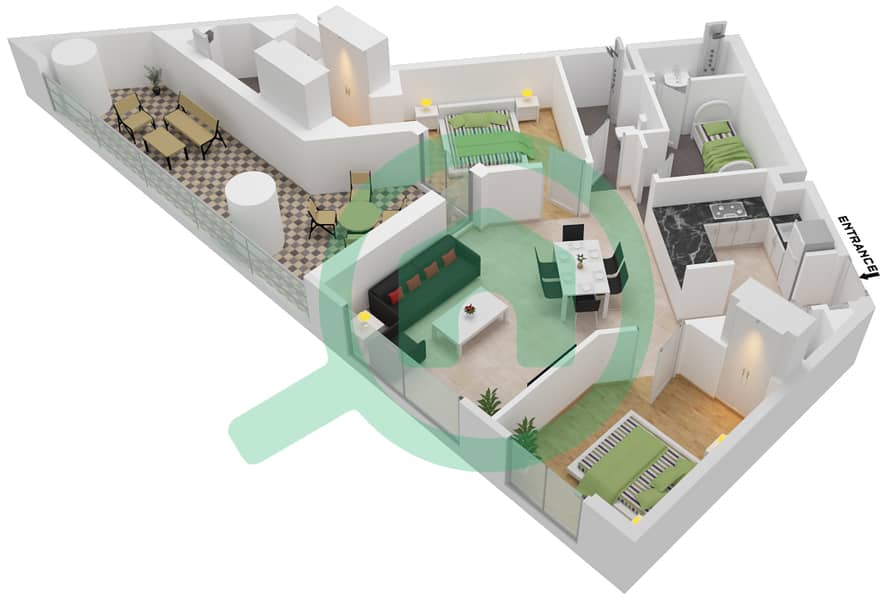 المخططات الطابقية لتصميم النموذج C شقة 2 غرفة نوم - ويفز غراندي interactive3D