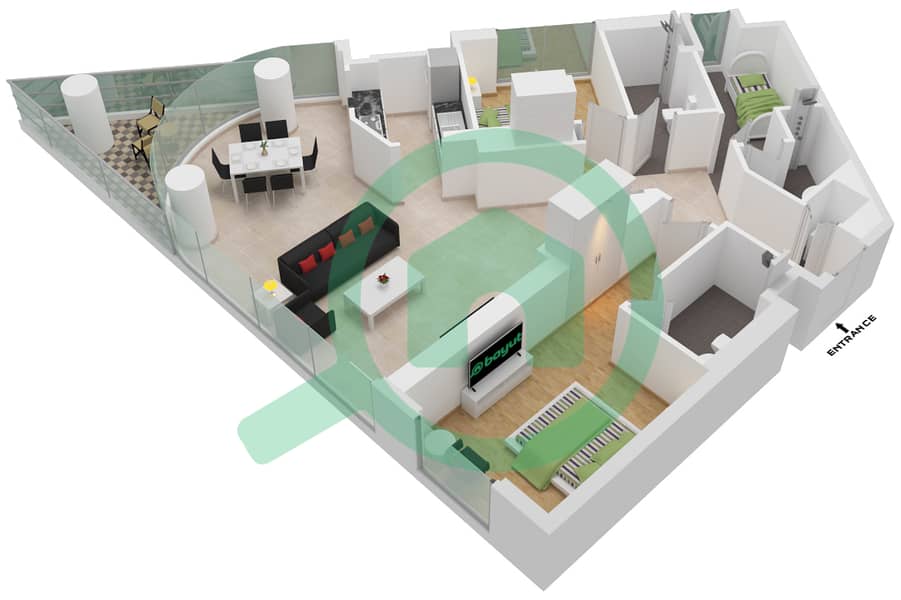 المخططات الطابقية لتصميم النموذج H شقة 2 غرفة نوم - ويفز غراندي interactive3D