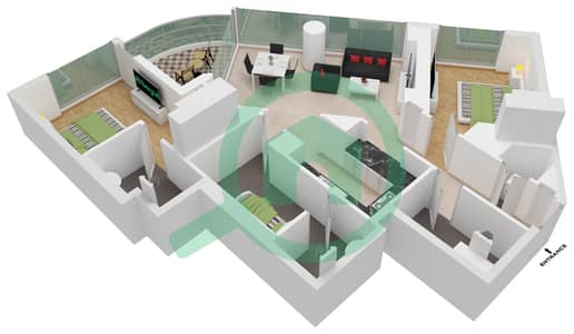 المخططات الطابقية لتصميم النموذج A-LEVEL 06-35 شقة 2 غرفة نوم - ويفز غراندي