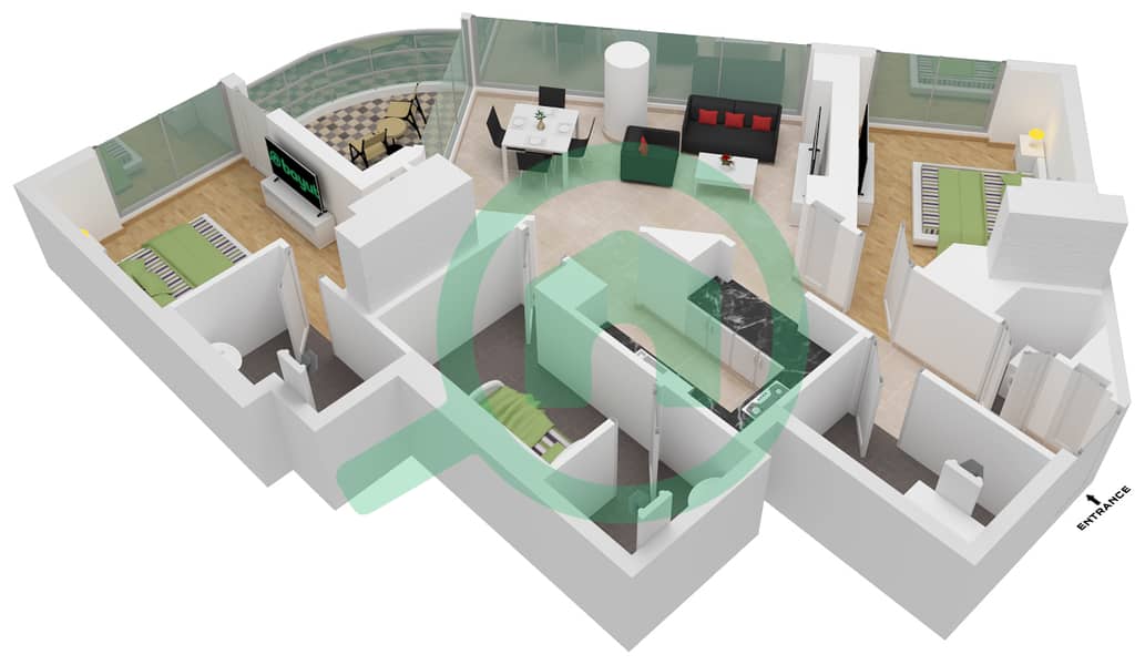 المخططات الطابقية لتصميم النموذج A-LEVEL 06-35 شقة 2 غرفة نوم - ويفز غراندي interactive3D