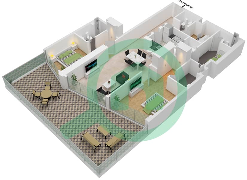 المخططات الطابقية لتصميم النموذج A-03 شقة 2 غرفة نوم - ويفز غراندي interactive3D