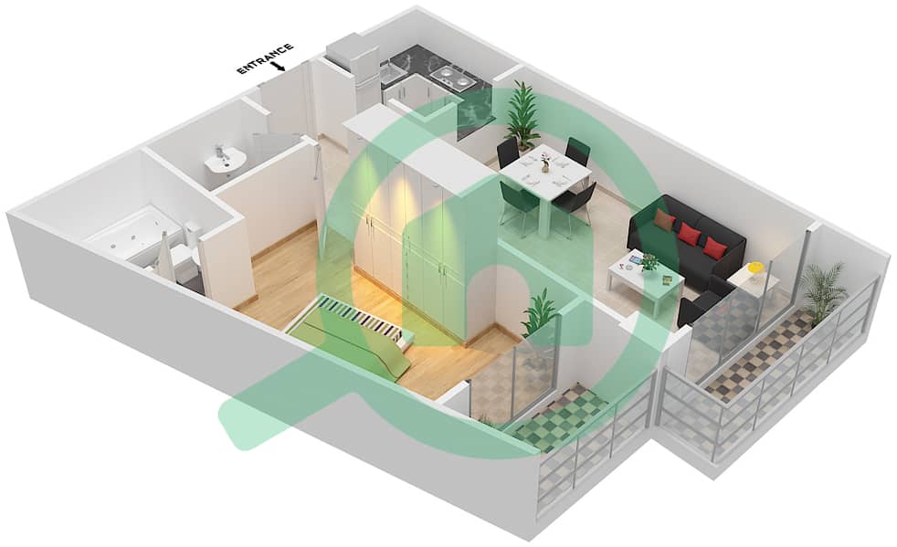 المخططات الطابقية لتصميم الوحدة 8 شقة 1 غرفة نوم - برايم ريزيدنس 2 interactive3D