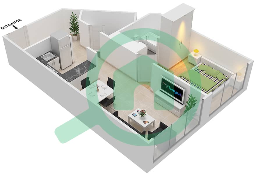 المخططات الطابقية لتصميم الوحدة 21 شقة 1 غرفة نوم - برايم ريزيدنس 2 interactive3D