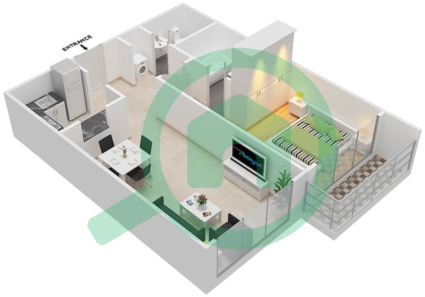 المخططات الطابقية لتصميم الوحدة 23 شقة 1 غرفة نوم - برايم ريزيدنس 2 interactive3D