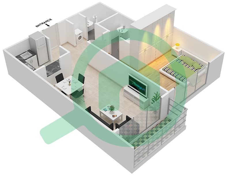 المخططات الطابقية لتصميم الوحدة 24 شقة 1 غرفة نوم - برايم ريزيدنس 2 interactive3D