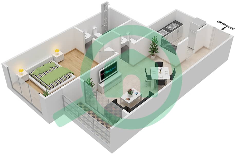 المخططات الطابقية لتصميم الوحدة 25-26 شقة 1 غرفة نوم - برايم ريزيدنس 2 interactive3D