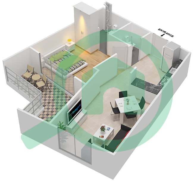 المخططات الطابقية لتصميم الوحدة 28 شقة 1 غرفة نوم - برايم ريزيدنس 2 interactive3D
