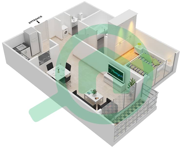 المخططات الطابقية لتصميم الوحدة 29 شقة 1 غرفة نوم - برايم ريزيدنس 2 interactive3D