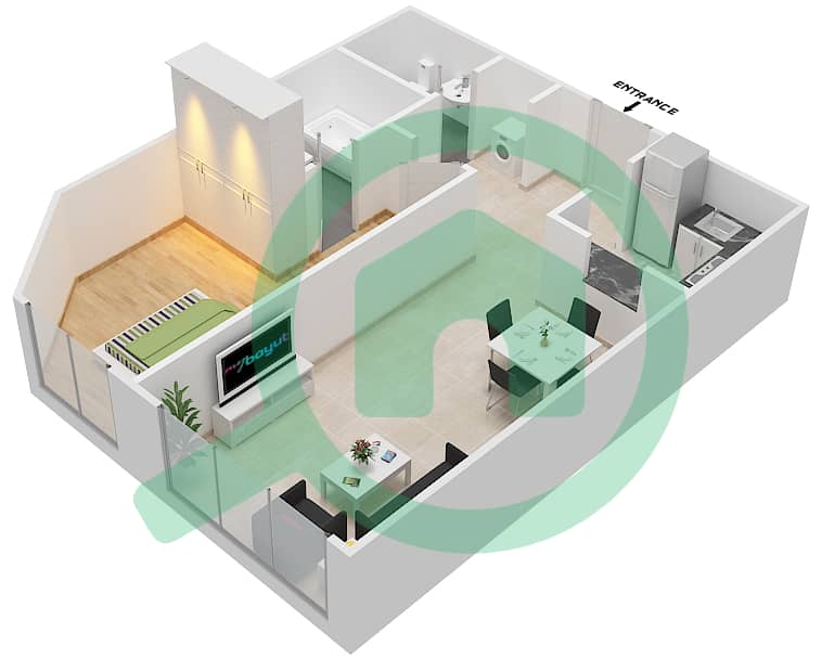 المخططات الطابقية لتصميم الوحدة 33 شقة 1 غرفة نوم - برايم ريزيدنس 2 interactive3D