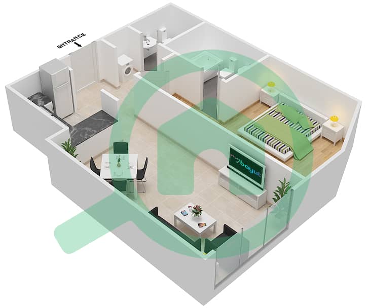 المخططات الطابقية لتصميم الوحدة 34 شقة 1 غرفة نوم - برايم ريزيدنس 2 interactive3D