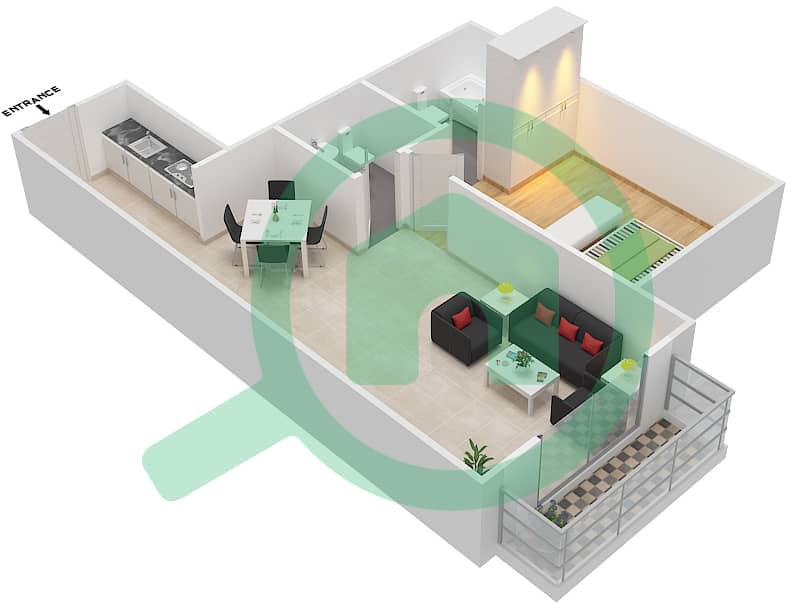 المخططات الطابقية لتصميم الوحدة 35 شقة 1 غرفة نوم - برايم ريزيدنس 2 interactive3D