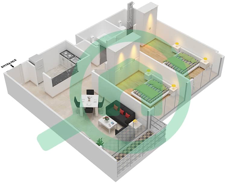 المخططات الطابقية لتصميم الوحدة 1 شقة 2 غرفة نوم - برايم ريزيدنس 2 interactive3D