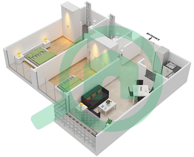 المخططات الطابقية لتصميم الوحدة 2 شقة 2 غرفة نوم - برايم ريزيدنس 2 interactive3D