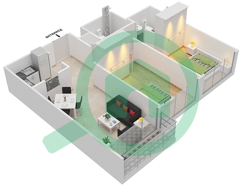 المخططات الطابقية لتصميم الوحدة 3 شقة 2 غرفة نوم - برايم ريزيدنس 2 interactive3D