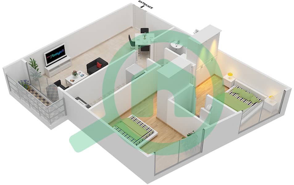 المخططات الطابقية لتصميم الوحدة 9 شقة 2 غرفة نوم - برايم ريزيدنس 2 interactive3D