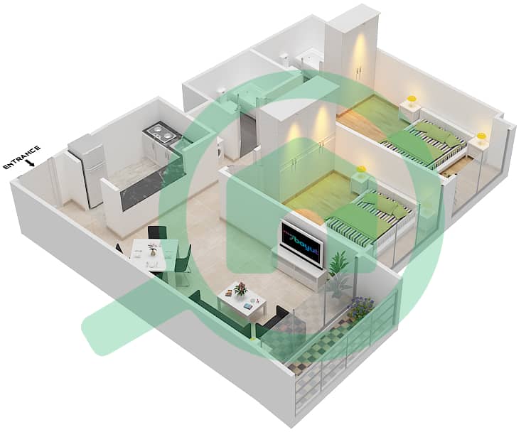 المخططات الطابقية لتصميم الوحدة 16 شقة 2 غرفة نوم - برايم ريزيدنس 2 interactive3D