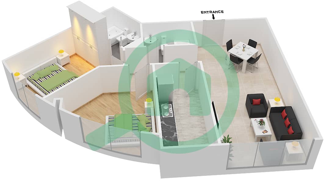 المخططات الطابقية لتصميم الوحدة 19 شقة 2 غرفة نوم - برايم ريزيدنس 2 interactive3D