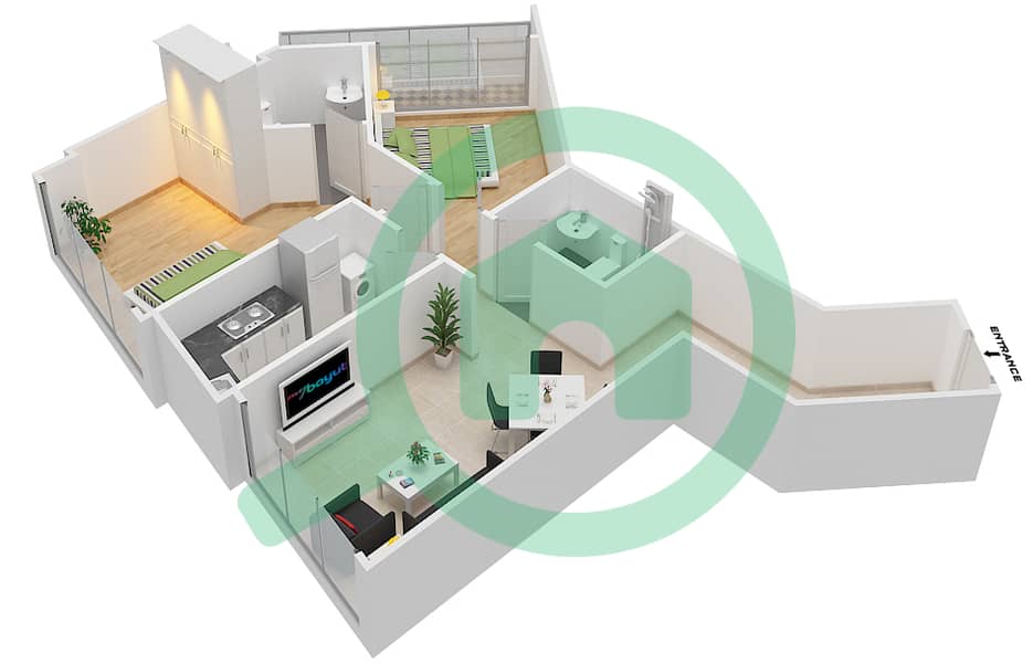 المخططات الطابقية لتصميم الوحدة 20 شقة 2 غرفة نوم - برايم ريزيدنس 2 interactive3D