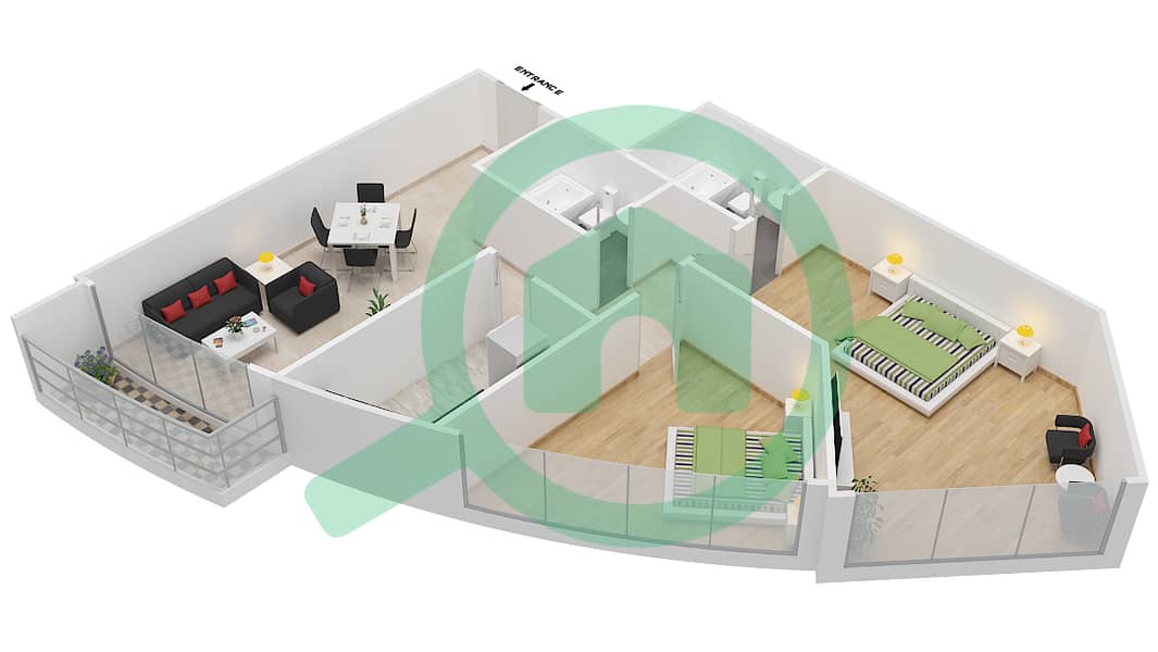 المخططات الطابقية لتصميم الوحدة 38 شقة 2 غرفة نوم - برايم ريزيدنس 2 interactive3D