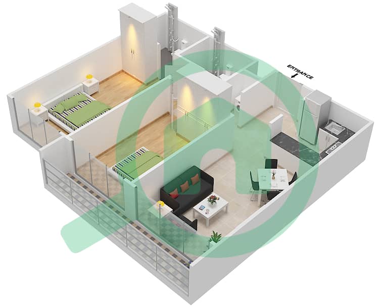 المخططات الطابقية لتصميم الوحدة 39 شقة 2 غرفة نوم - برايم ريزيدنس 2 interactive3D