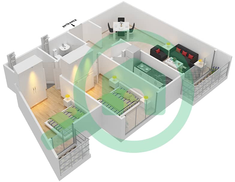 المخططات الطابقية لتصميم الوحدة 41 شقة 2 غرفة نوم - برايم ريزيدنس 2 interactive3D