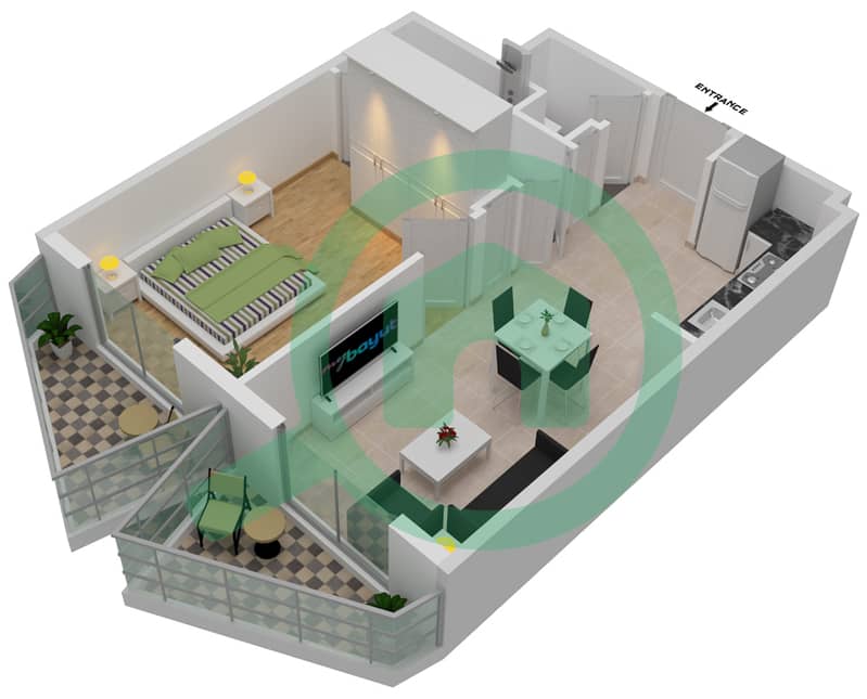 Binghatti Gate - 1 Bedroom Apartment Type A Floor plan interactive3D