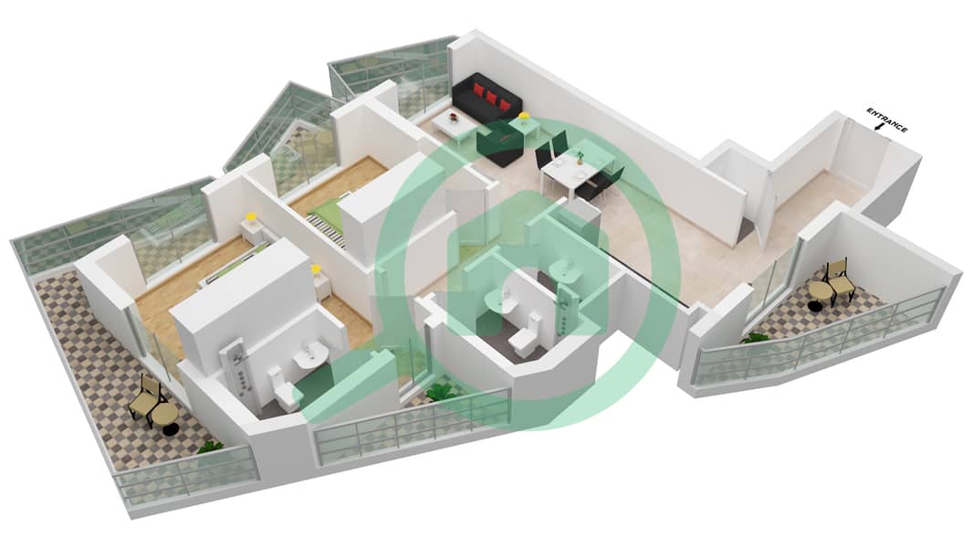 Binghatti Gate - 2 Bedroom Apartment Type C Floor plan interactive3D