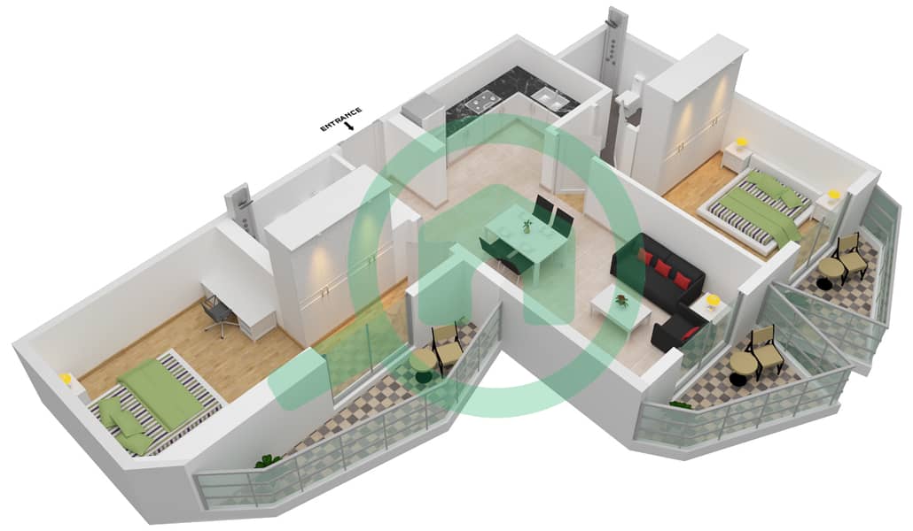 Binghatti Gate - 2 Bedroom Apartment Type D Floor plan interactive3D