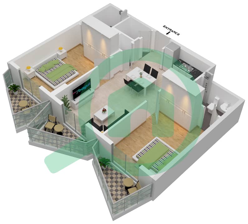 Бингатти Гейт - Апартамент 2 Cпальни планировка Тип E interactive3D