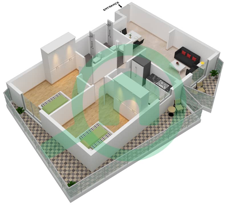 Binghatti Gate - 2 Bedroom Apartment Type F Floor plan interactive3D