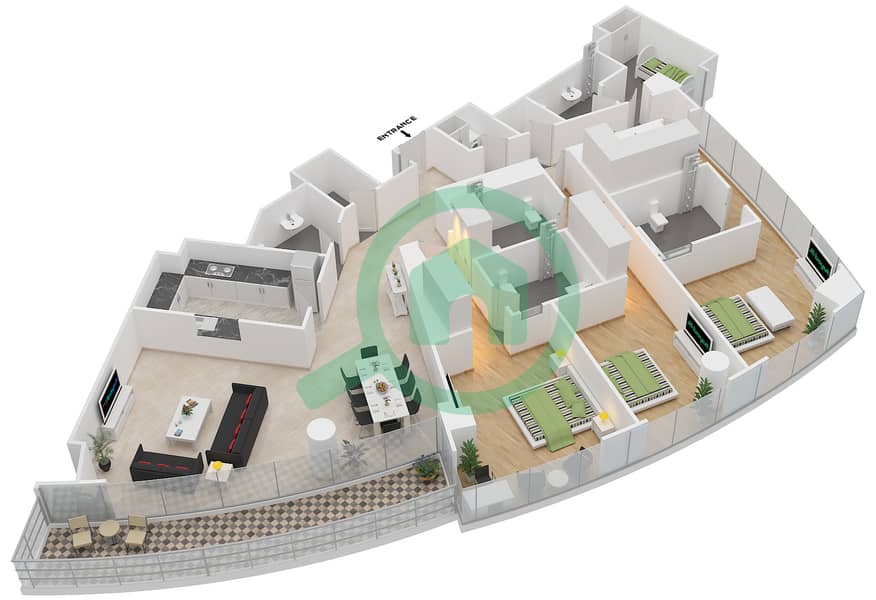 马尔萨广场 - 3 卧室公寓类型／单位3B-06 /1501,1601,1701戶型图 Floor 15-17
Unit 1501,1601,1701 interactive3D