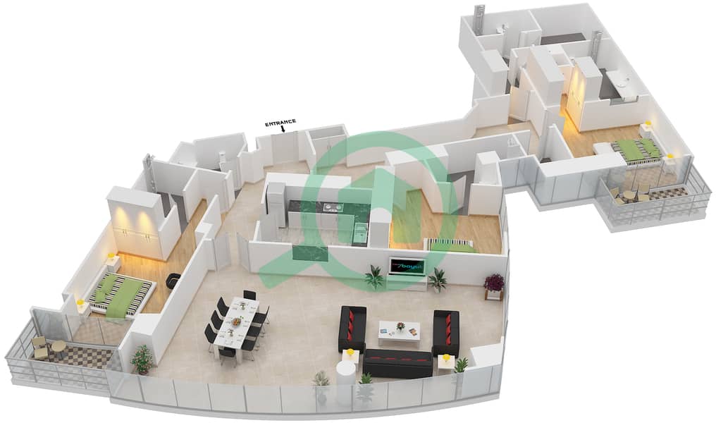 Marsa Plaza - 3 Bedroom Apartment Type/unit 3B-16 /1801-1901 Floor plan Floor 18-19 interactive3D