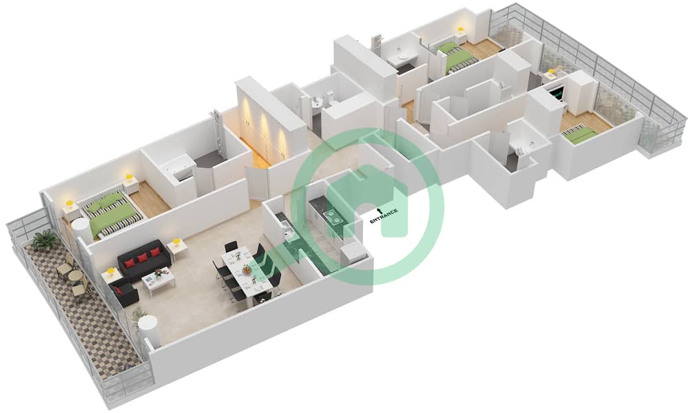 马尔萨广场 - 3 卧室公寓类型／单位3B-18 /1809,1908戶型图 Floor 18-19 interactive3D