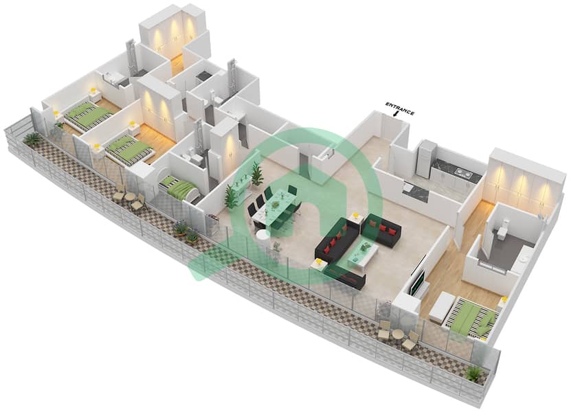 马尔萨广场 - 3 卧室公寓类型／单位3B-20 /1811戶型图 Floor 18 interactive3D