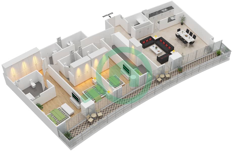 Marsa Plaza - 3 Bedroom Apartment Type/unit 3B-21 /1807 Floor plan Floor 18 interactive3D