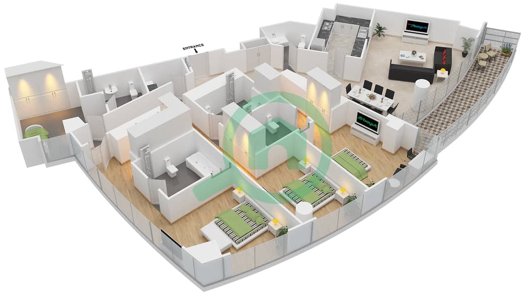 Марса Плаза - Апартамент 3 Cпальни планировка Тип/мера 3B-32 /1503,1603,1703 Floor 15-17 interactive3D