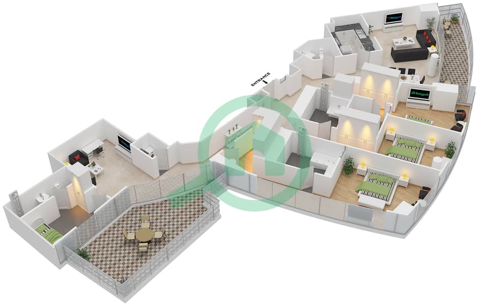 المخططات الطابقية لتصميم النموذج / الوحدة 3B-33 /1416 شقة 3 غرف نوم - مرسى بلازا Floor 14 interactive3D