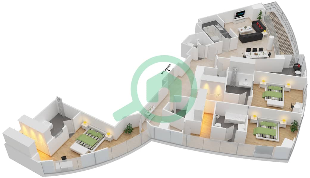 马尔萨广场 - 3 卧室公寓类型／单位3B-34 /1516戶型图 Floor 15 interactive3D