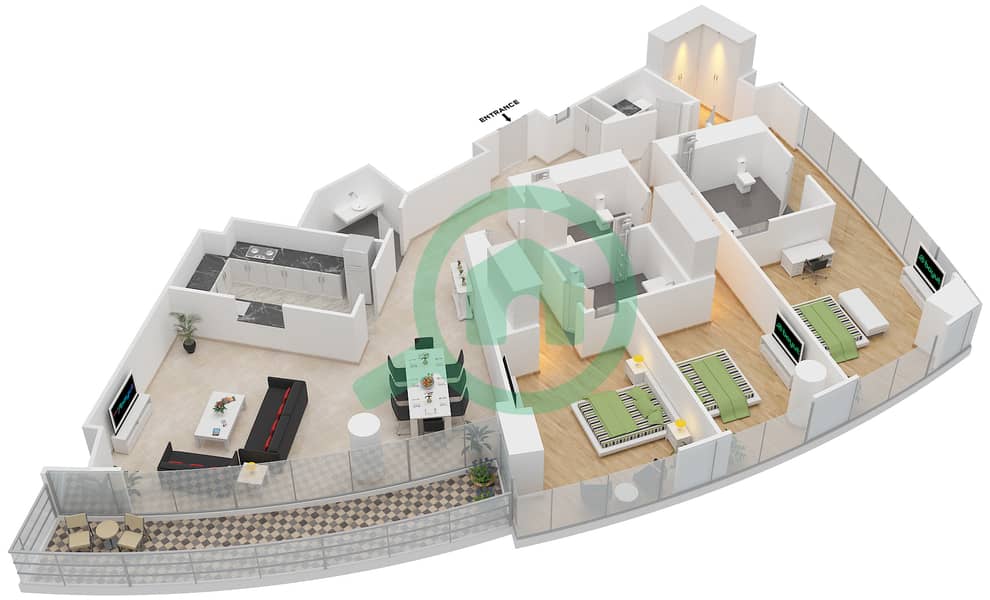 المخططات الطابقية لتصميم النموذج / الوحدة 3B-37 /1403 شقة 3 غرف نوم - مرسى بلازا Floor 14 interactive3D