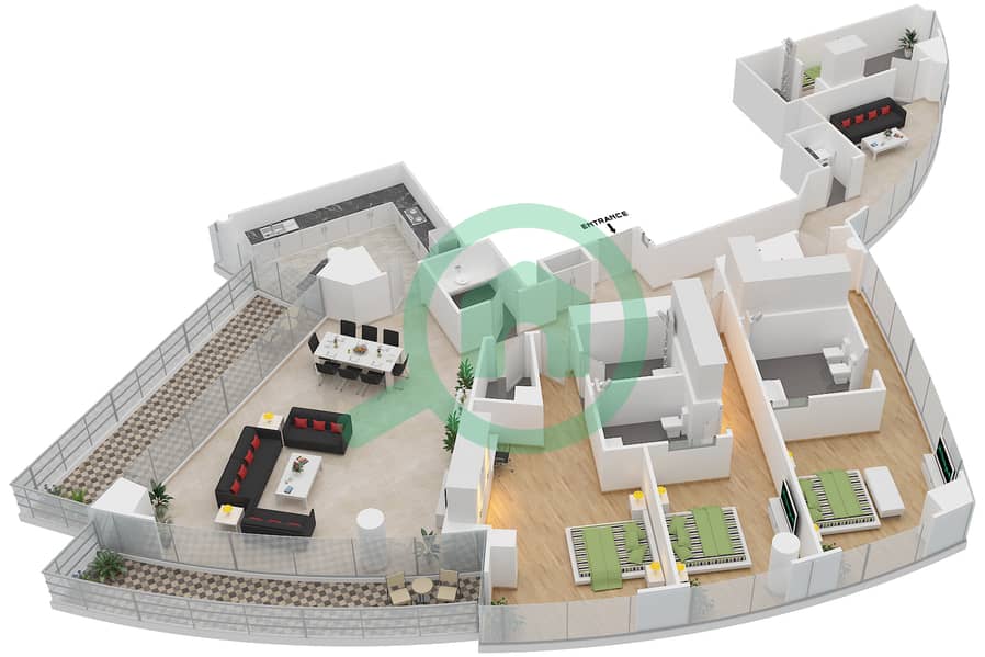 المخططات الطابقية لتصميم النموذج / الوحدة 3B-39 / 2301 شقة 3 غرف نوم - مرسى بلازا Floor 23 interactive3D