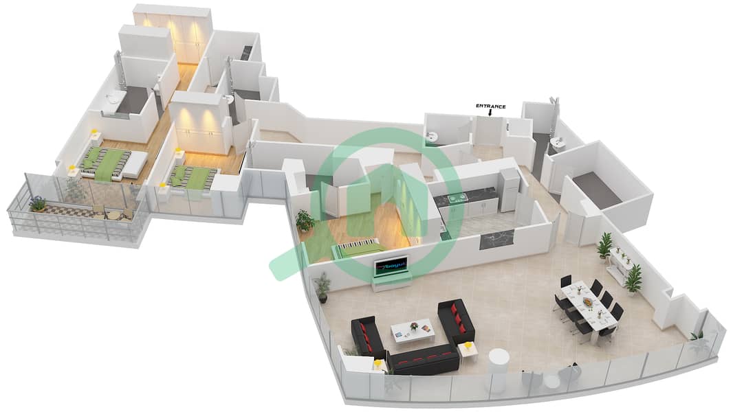 Marsa Plaza - 3 Bedroom Apartment Type/unit 3B-42 /2003,2103 Floor plan Floor 20-21 interactive3D