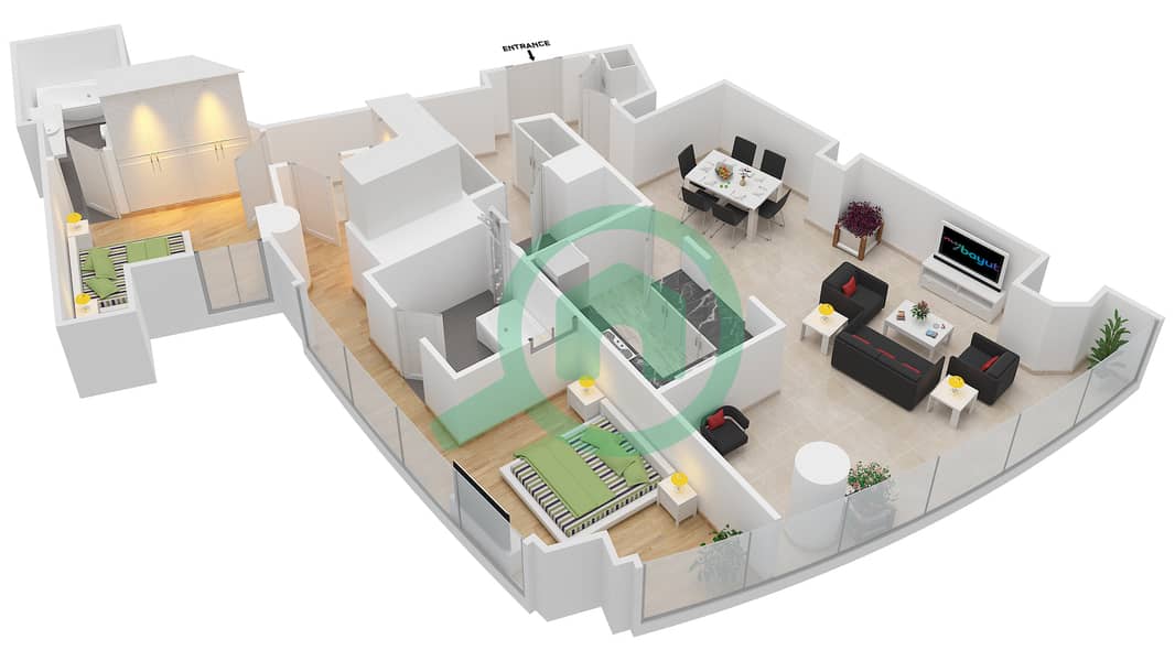 Марса Плаза - Апартамент 2 Cпальни планировка Тип/мера 2B-01 /1,9,4,16 Floor 1-13 interactive3D