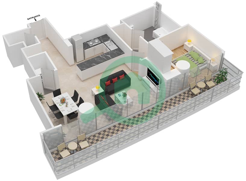 المخططات الطابقية لتصميم النموذج / الوحدة 1B-01 /9,15 شقة 1 غرفة نوم - مرسى بلازا Floor 1-13 interactive3D