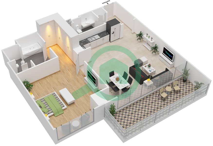 المخططات الطابقية لتصميم النموذج A شقة 1 غرفة نوم - تركواز interactive3D