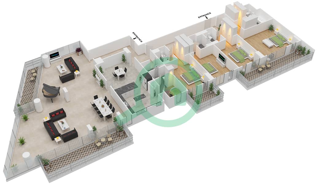 المخططات الطابقية لتصميم النموذج C شقة 4 غرف نوم - تركواز interactive3D
