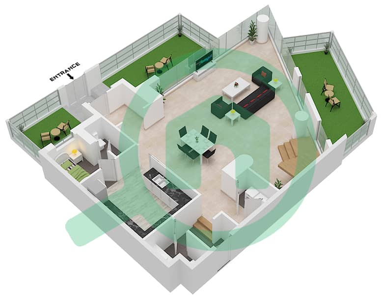 绿松石区 - 2 卧室联排别墅类型B戶型图 Lower Floor interactive3D